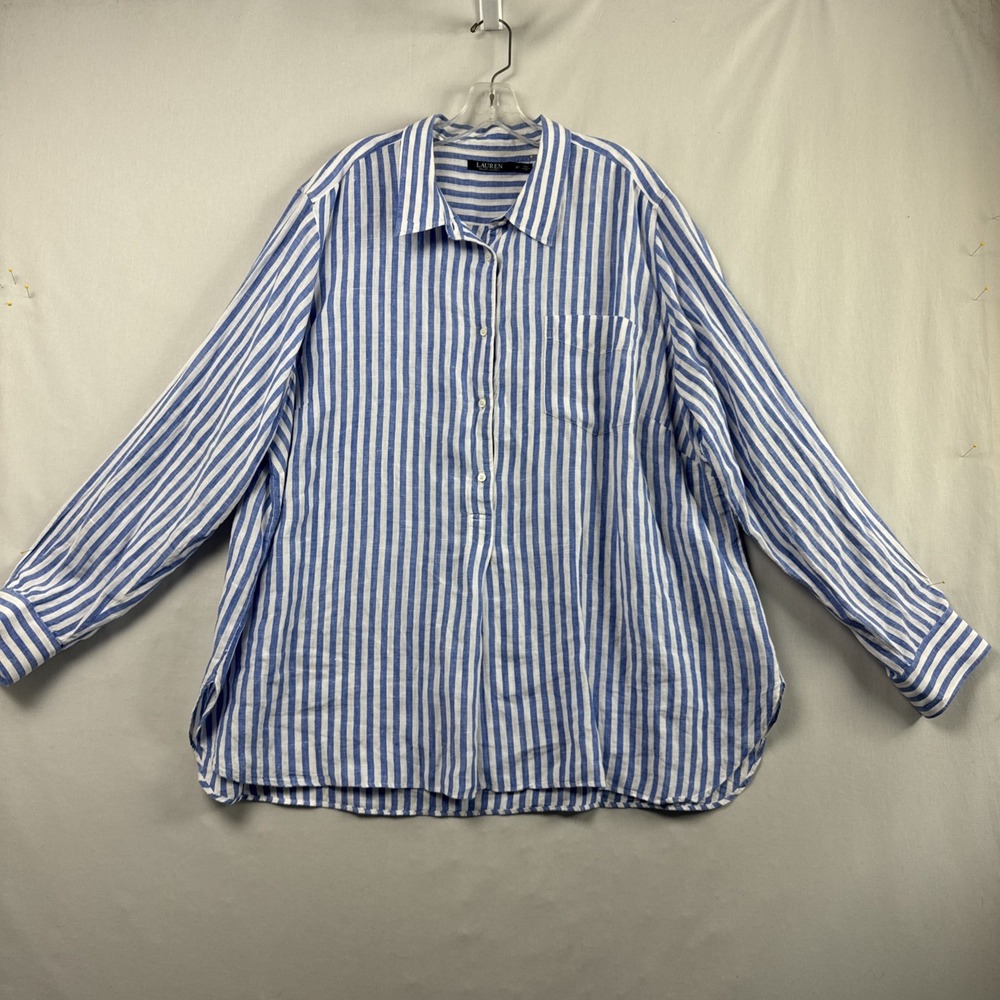 Lauren Ralph Lauren 100% Linen Blue and White Striped Button-Up Tunic 3x